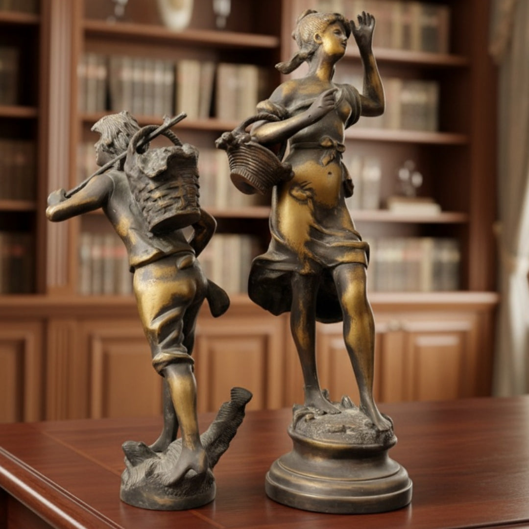 Antique French Brass Art Figurine Pair | Premium European Decorative Sculptures Set of 2 | Made in 1960