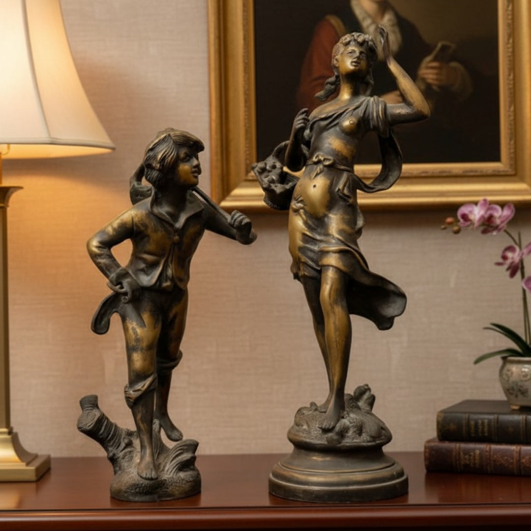 Antique French Brass Art Figurine Pair | Premium European Decorative Sculptures Set of 2 | Made in 1960
