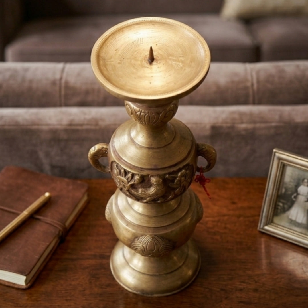 Antique Peetal Engraved Candle Holder | Pure Brass Decorative Candlestick Stand | Made in 1960
