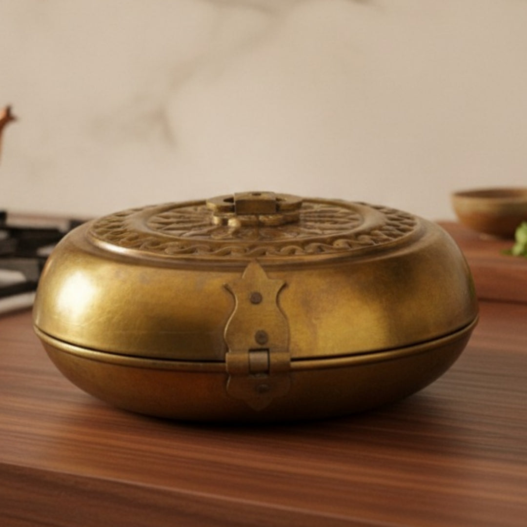 Antique Peetal Engraved Kadi Dabba | Pure Brass Decorative Storage Box with Lid | Made in 1980