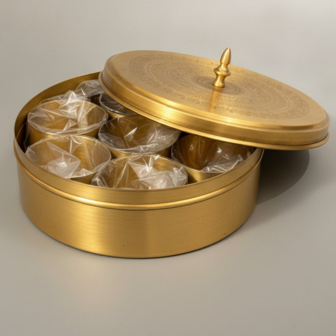 Premium Engraved Brass Masala Box | Pure Brass Spice Storage Container | Brand New