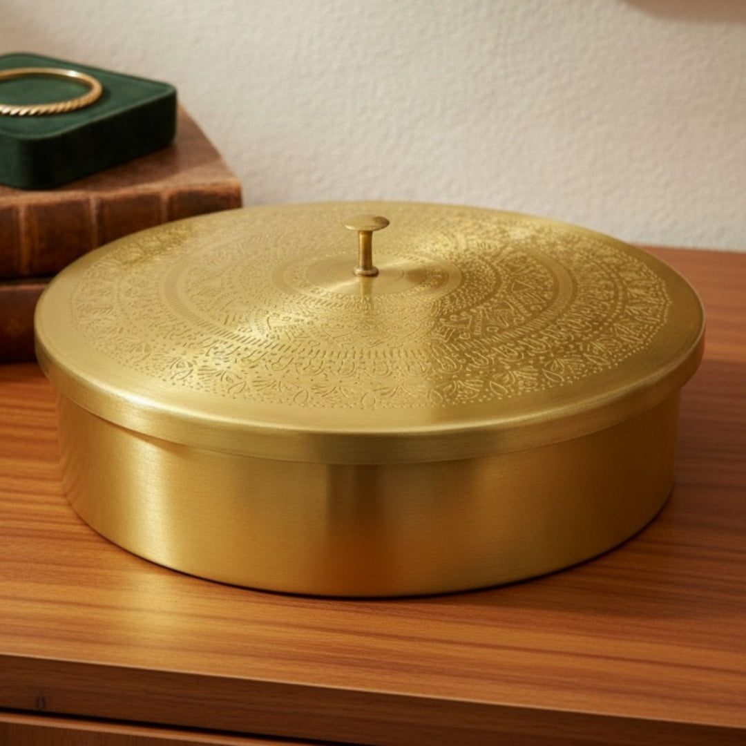 Premium Engraved Brass Masala Box | Pure Brass Spice Storage Container | Brand New
