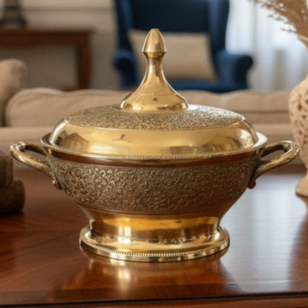Premium Engraved Brass Bowl with Lid | Pure Brass Decorative & Serving Bowl | Brand New