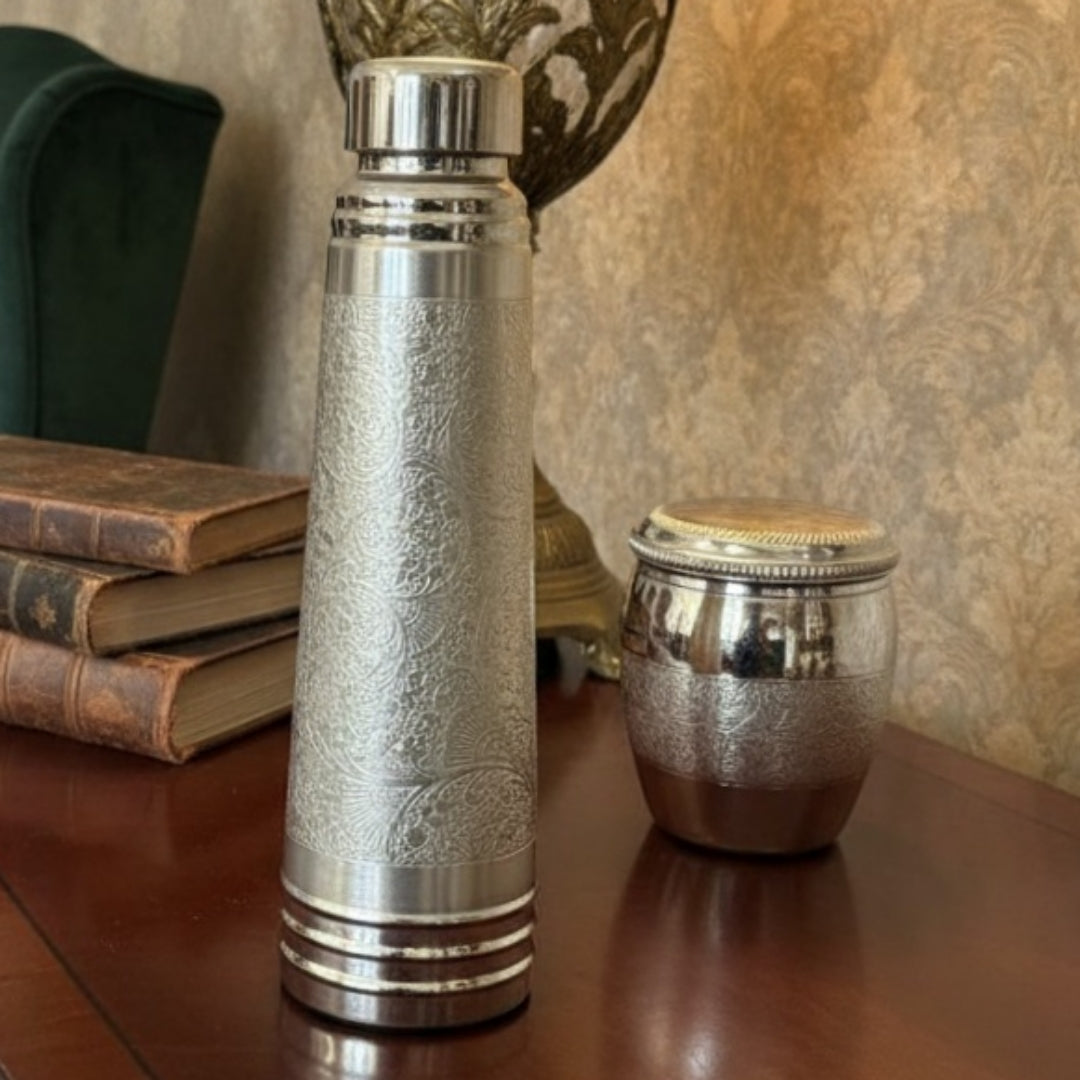 Premium Engraved Copper Bottle with Glass Pair | Pure Copper Drinking Set | Brand New
