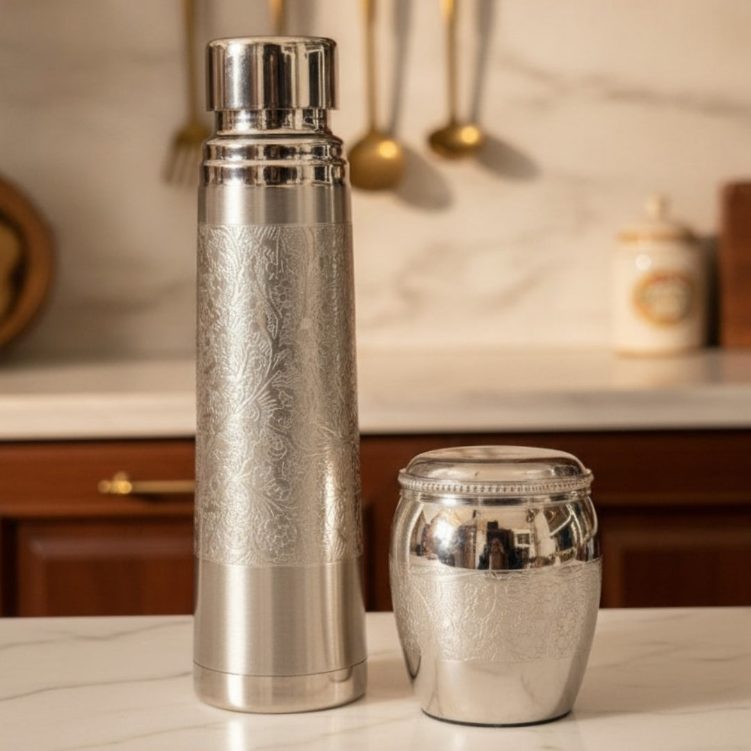 Premium Engraved Copper Bottle with Glass Pair | Pure Copper Drinking Set | Brand New
