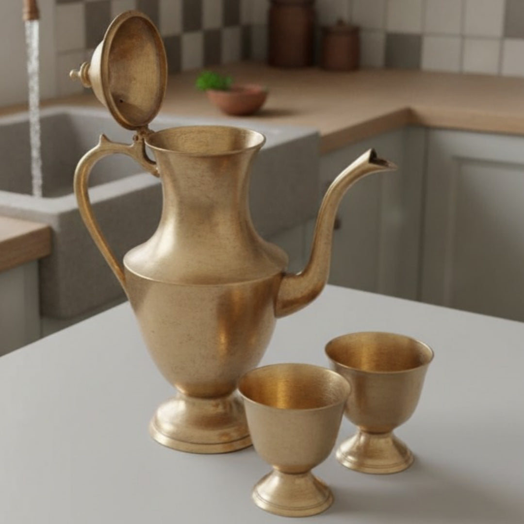 Antique Peetal Jug with 2 Glasses | Pure Brass Water Serving Set | Made in 1963