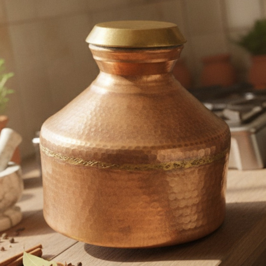 Antique Tamra Pot with Lid & Stand | Pure Copper Serving Vessel 4 Litre | Made in 1969