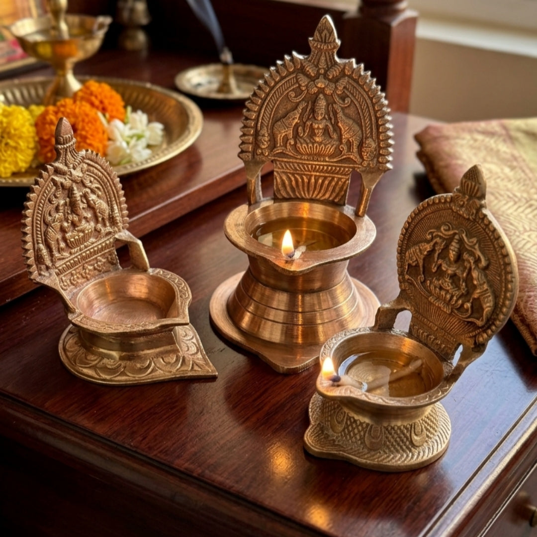 Antique Peetal Engraved Diya Set | Pure Brass Decorative Oil Lamps Set of 3 | Made in 1970