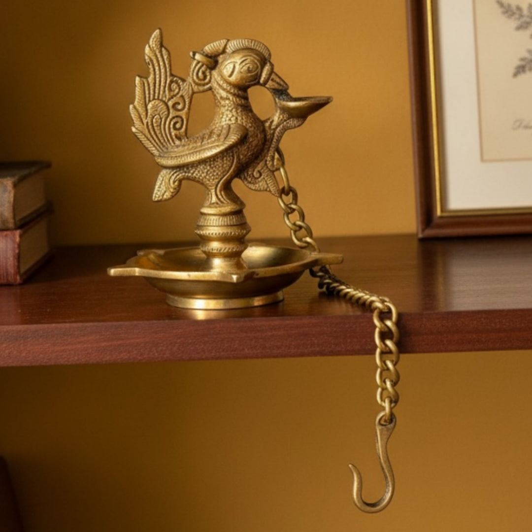 Antique Peetal Peacock Samay with Chain | Pure Brass Hanging Lamp Stand | Made in 1967