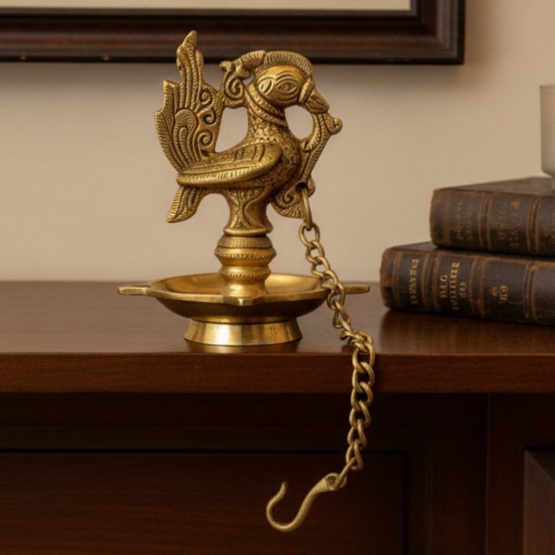 Antique Peetal Peacock Samay with Chain | Pure Brass Hanging Lamp Stand | Made in 1967