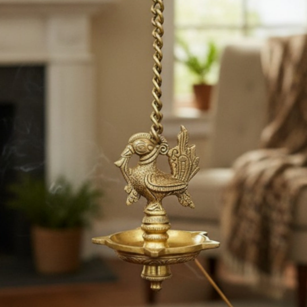 Antique Peetal Peacock Samay with Chain | Pure Brass Hanging Lamp Stand | Made in 1967