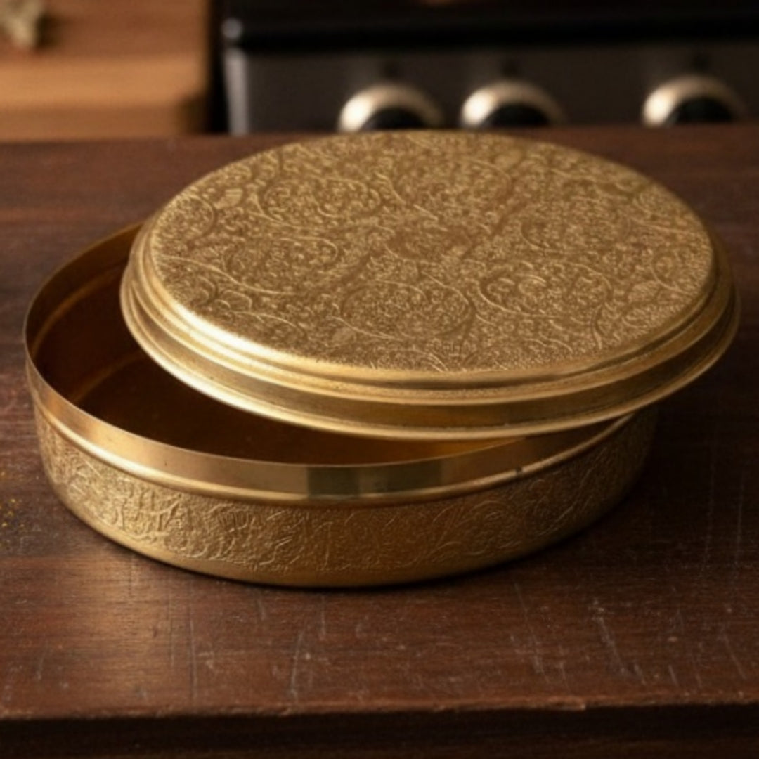 Vintage Peetal Engraved Dabba Pair | Pure Brass Storage Containers Set of 2 | Made in 1990