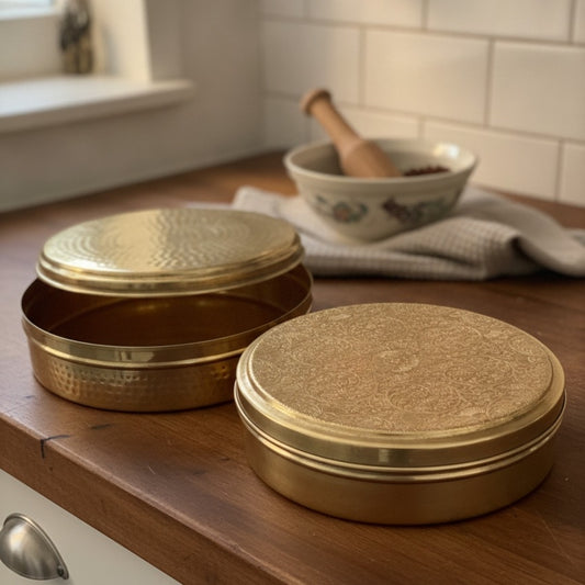 Vintage Peetal Engraved Dabba Pair | Pure Brass Storage Containers Set of 2 | Made in 1990