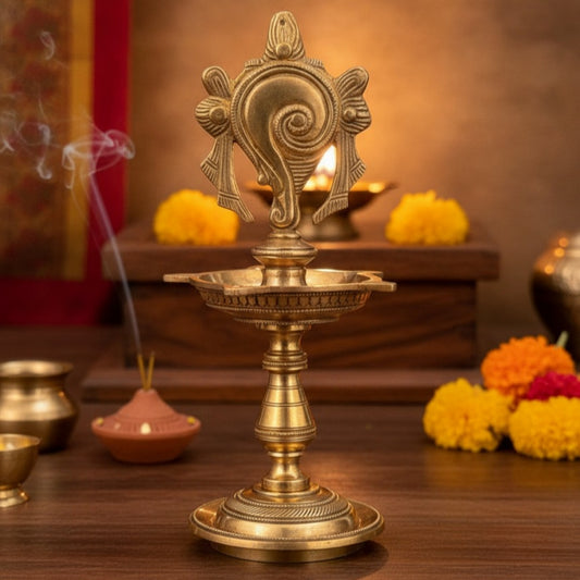 Antique Peetal Shank Chakra Pair with Diya Set | Pure Brass Decorative Collectible Set | Made in 1966