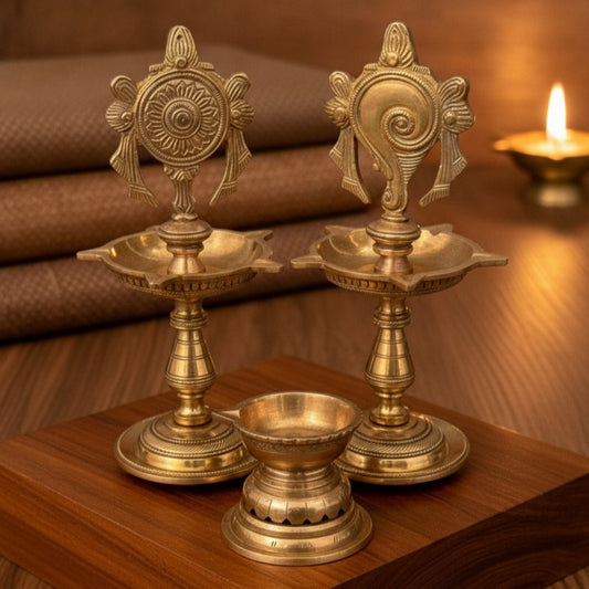 Antique Peetal Shank Chakra Pair with Diya Set | Pure Brass Decorative Collectible Set | Made in 1966