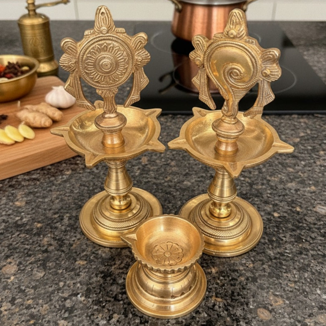Antique Peetal Shank Chakra Pair with Diya Set | Pure Brass Decorative Collectible Set | Made in 1966