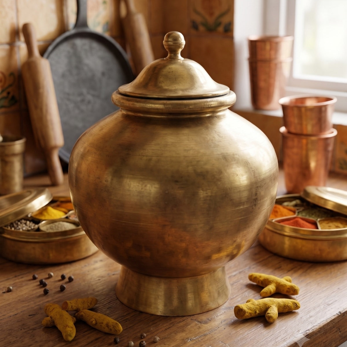 Antique Peetal Cooking Pot with Lid and Stand | Pure Brass Serving Vessel 5 Litre | Made in 1969