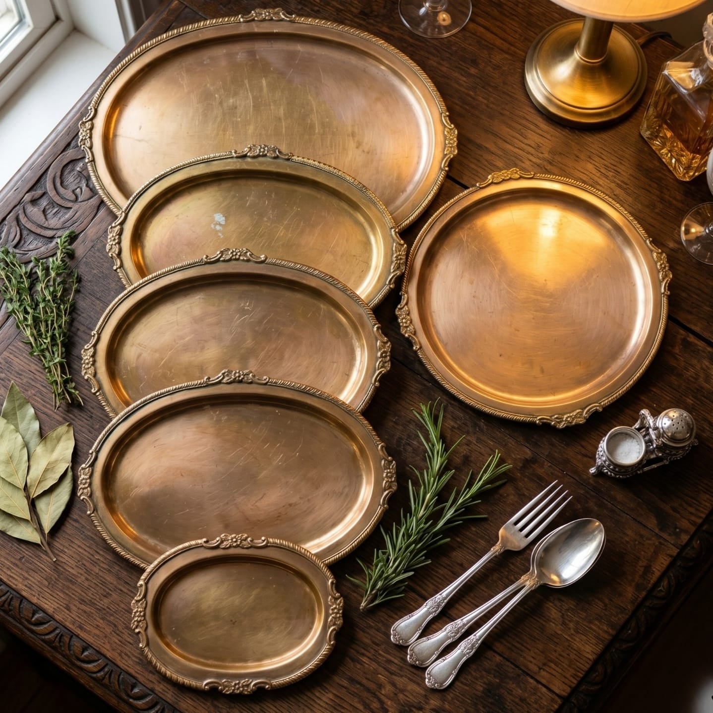 Antique Peetal Trays with Ornate Borders | Pure Brass Serving Trays Set of 6 | Made in 1980