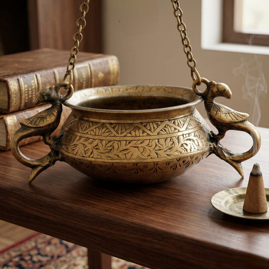 Antique Peetal Engraved Hanging Pot | Pure Brass Hanging Planter and Decorative Vessel | Made in 1971