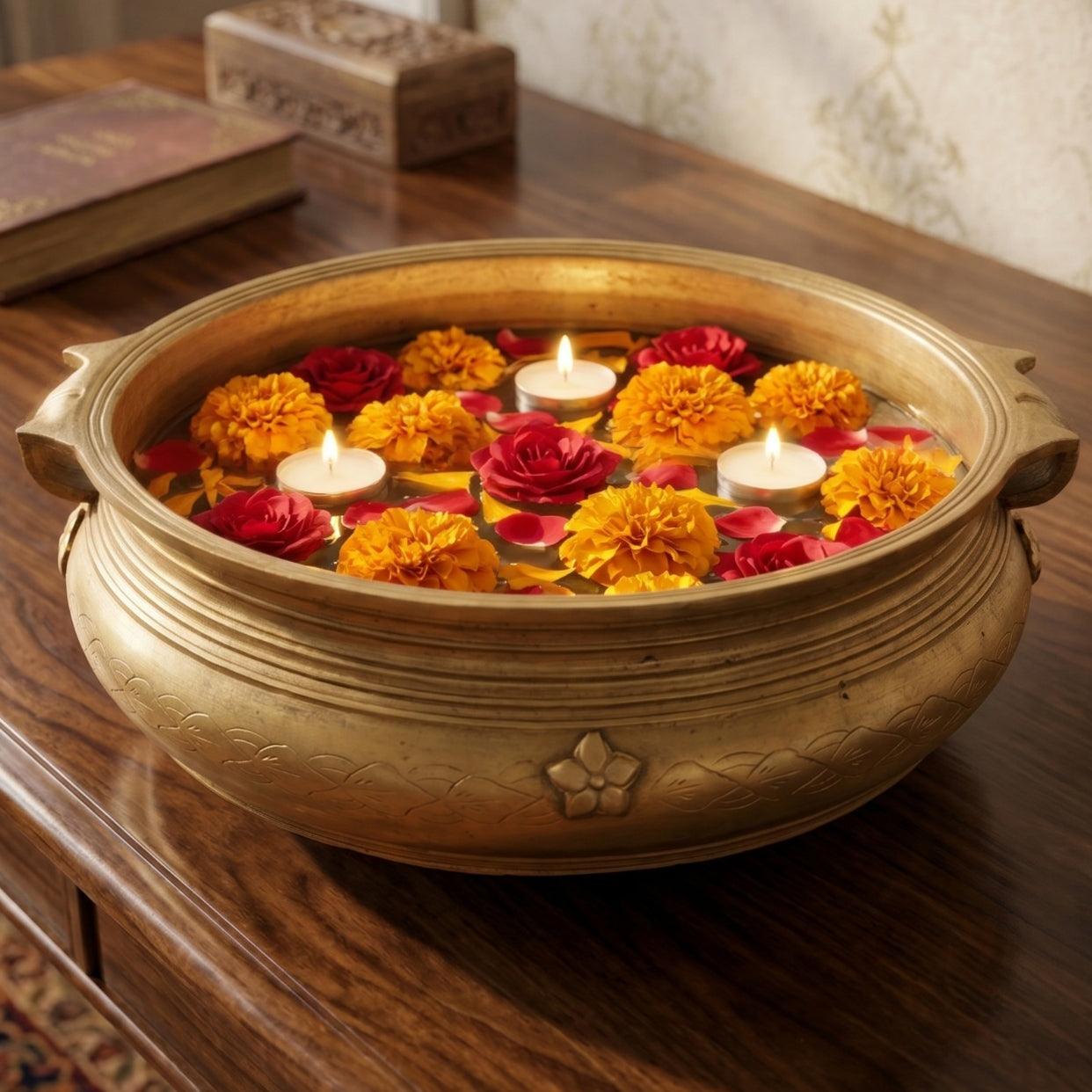 Antique Peetal Engraved Heavy Urli | Pure Brass Decorative Centrepiece Bowl | Made in 1962