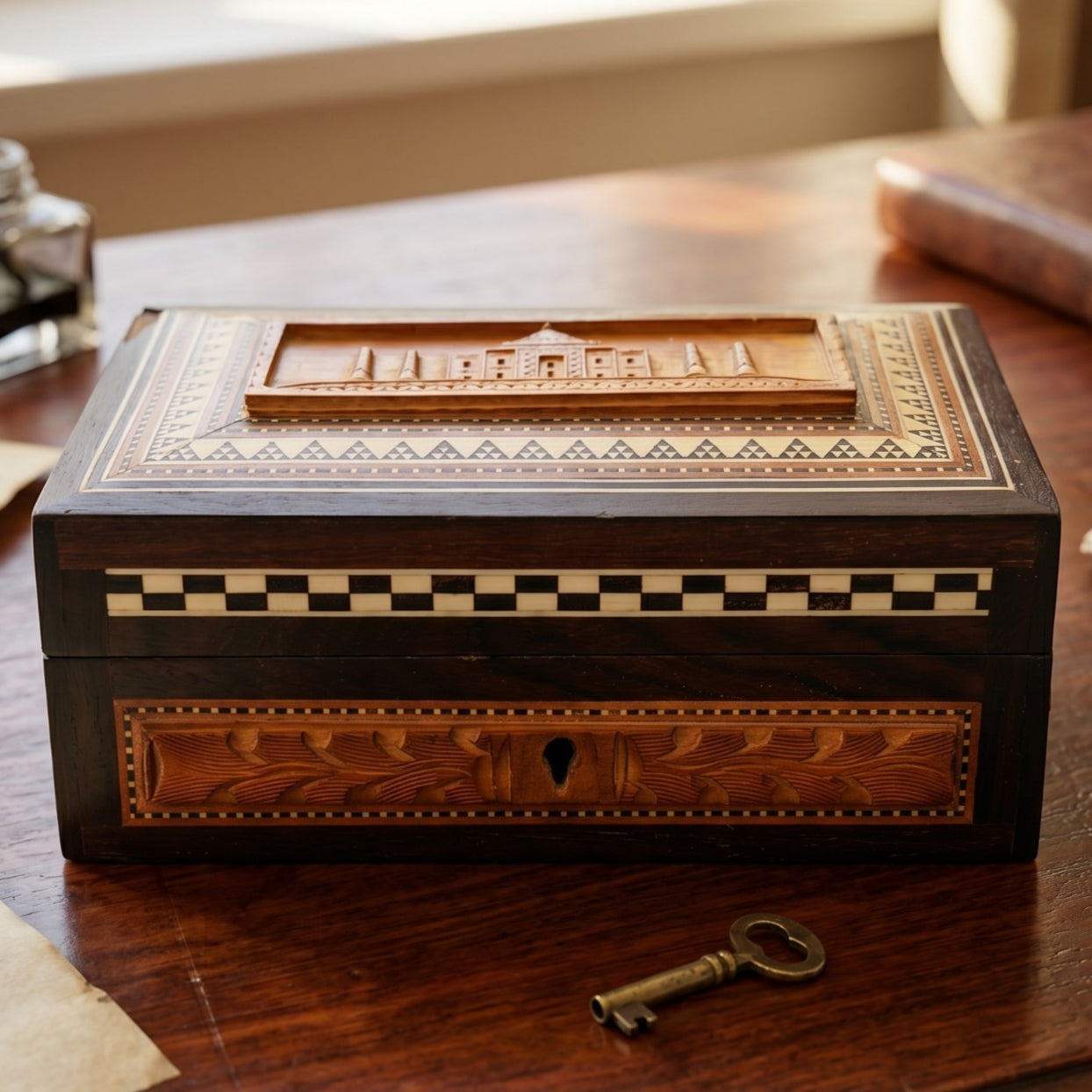Antique Teakwood and Rosewood Engraved Chest Box | Traditional Wooden Storage & Keepsake Chest | Made in 1970