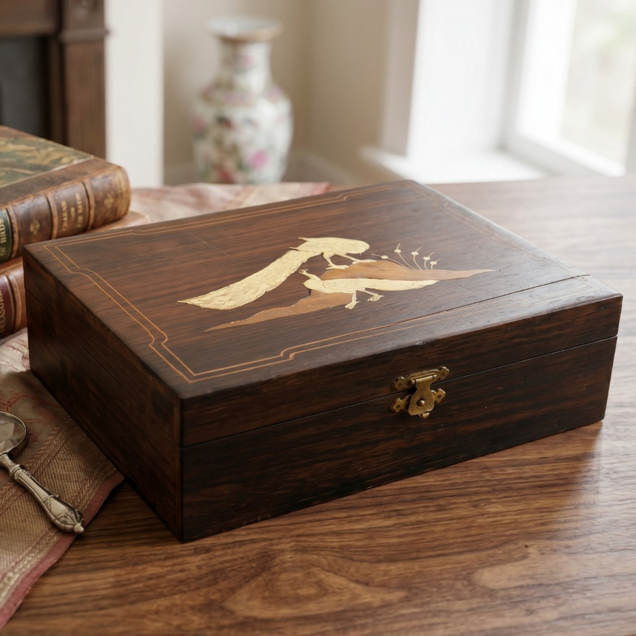 Antique Rosewood Engraved Lock Box | Traditional Wooden Storage & Keepsake Chest | Made in 1988