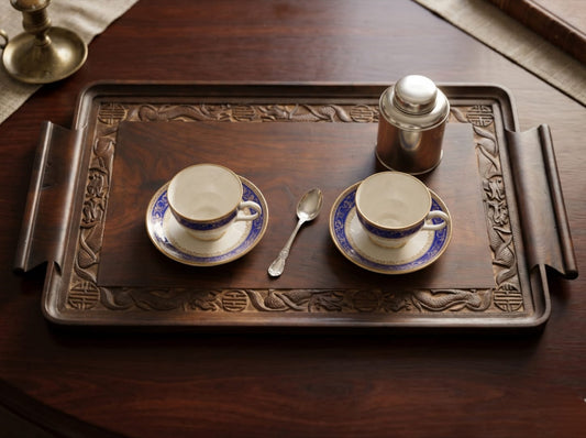 Antique Teakwood Engraved Big Tray | Traditional Wooden Serving & Display Tray | Made in 1990