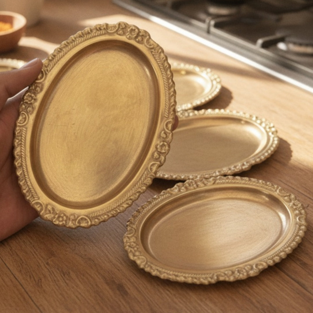 Antique Peetal Small Tray Set | Pure Brass Serving Trays Set of 8 | Made in 1990