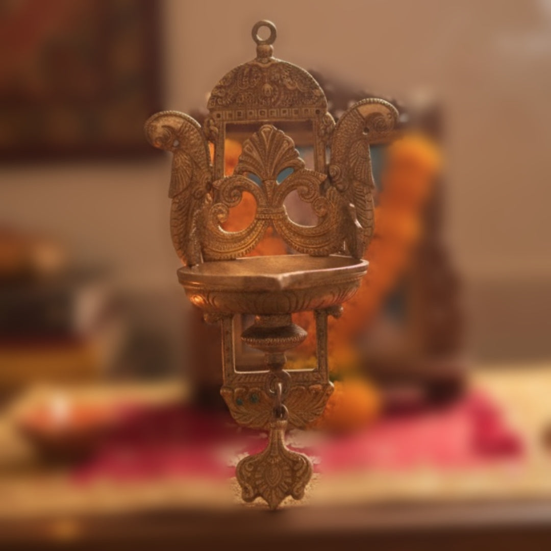 Antique Peetal Engraved Hanging Diya | Pure Brass Decorative Hanging Lamp | Made in 1970
