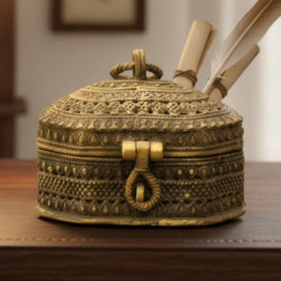 Antique Peetal Engraved Lock Box | Pure Brass Decorative Storage Box | Made in 1960