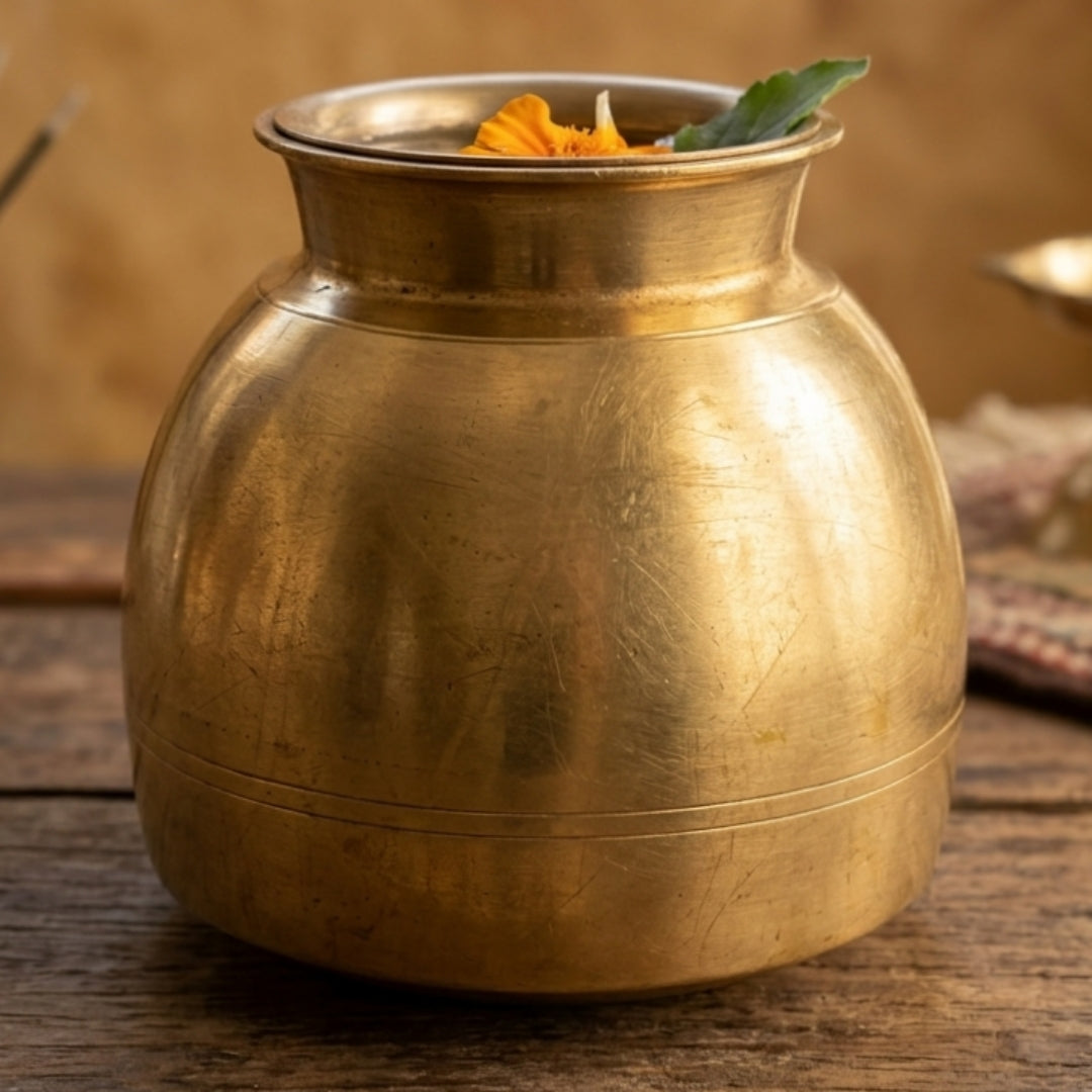 Antique Peetal Kalash with Pyala | Pure Brass Decorative Vessel Set | Made in 1977