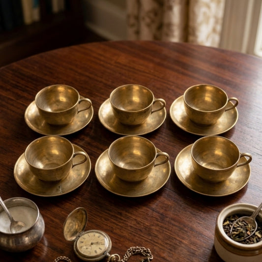 Antique Peetal Cup and Saucer Set of 6 | Pure Brass Serving Set | Made in 1971