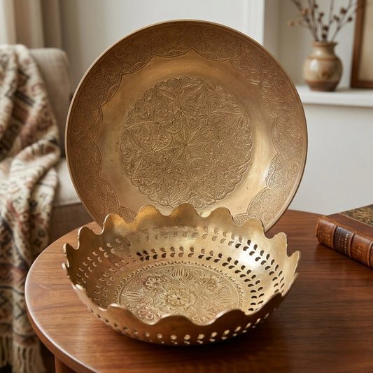 Antique Peetal Engraved Décor Bowl Pair | Pure Brass Decorative Bowls | Made in 1970