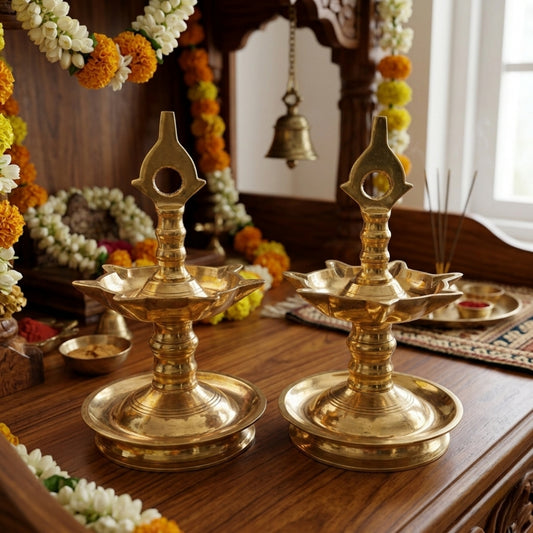 Antique Peetal Samay Pair | Pure Brass Decorative Lamps | Made in 1990 - Bombay Antiques