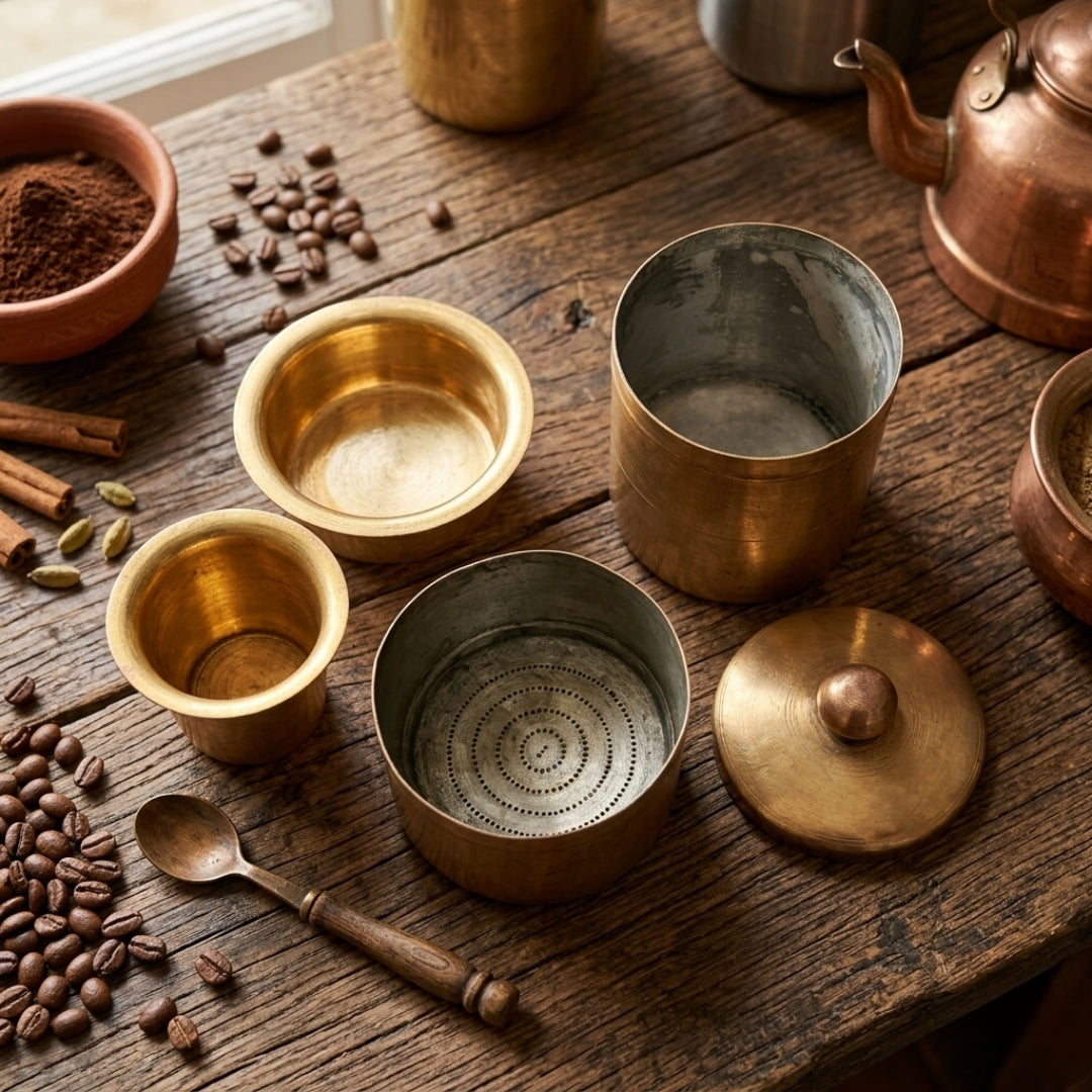 Antique Peetal Coffee Maker with Dabbara Set | Pure Brass Traditional Serving Set | Made in 1970