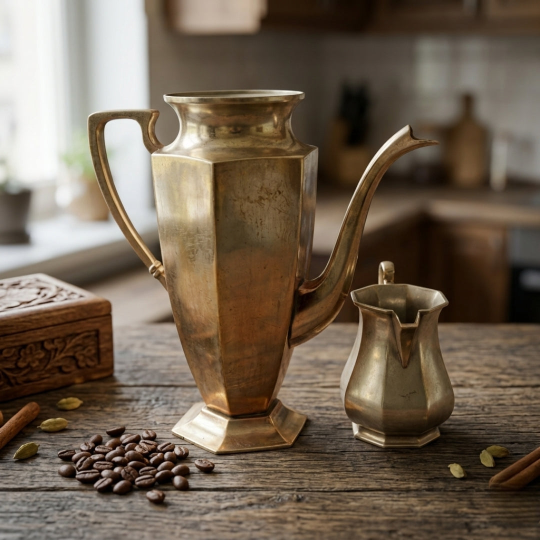 Antique Peetal Kettle Pair | Pure Brass Decorative Serving Kettles | Made in 1976