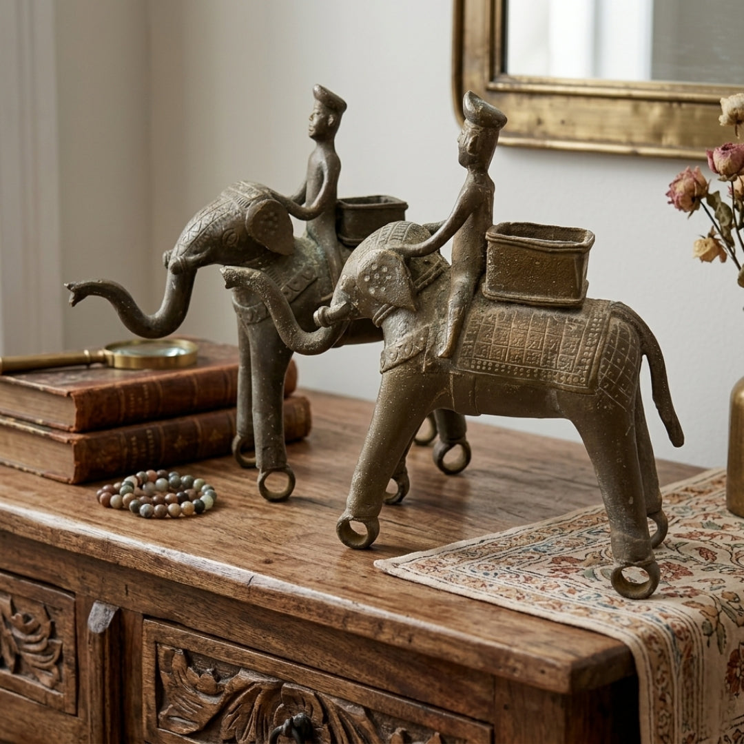 Antique Peetal Tribal Elephant with Riders Pair | Pure Brass Decorative Figurines | Made in 1961