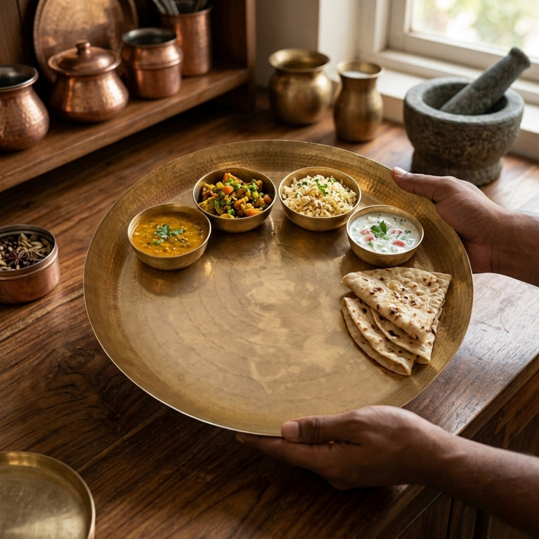 Antique Peetal Huge Thaal | Pure Brass Jalebi Paraat | Made in 1960 - Bombay Antiques