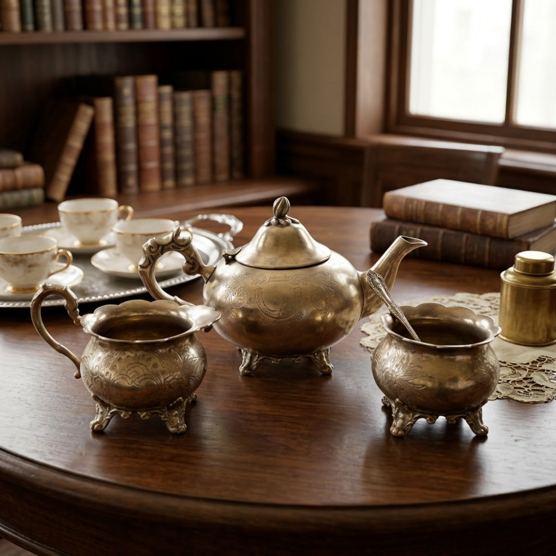 Antique Peetal Engraved Tea Serving Set | Brass and Silver Polish Decorative Tea Set | Made in 1976 - Bombay Antiques