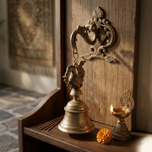 Antique Peetal Peacock Bell with Wall Mount | Pure Brass Decorative Hanging Bell | Made in 1975 - Bombay Antiques
