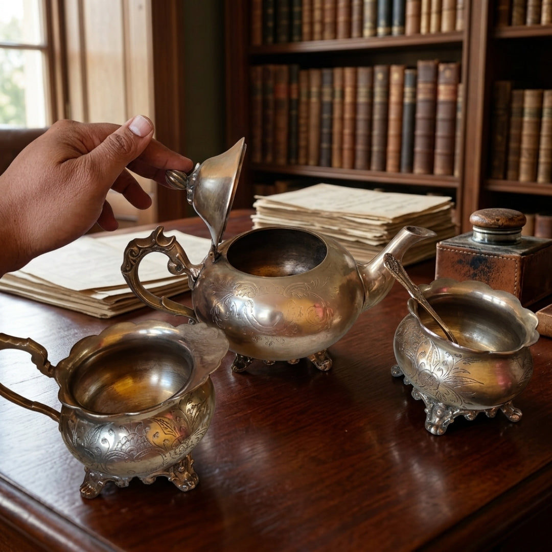 Antique Peetal Engraved Tea Serving Set | Brass and Silver Polish Decorative Tea Set | Made in 1976 - Bombay Antiques