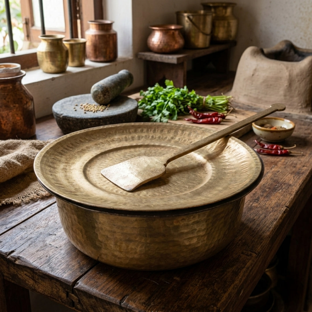 Antique Peetal Biryani Lagan Rice Cooking Bowl | Pure Brass Traditional Cookware | Made in 1970 - Bombay Antiques