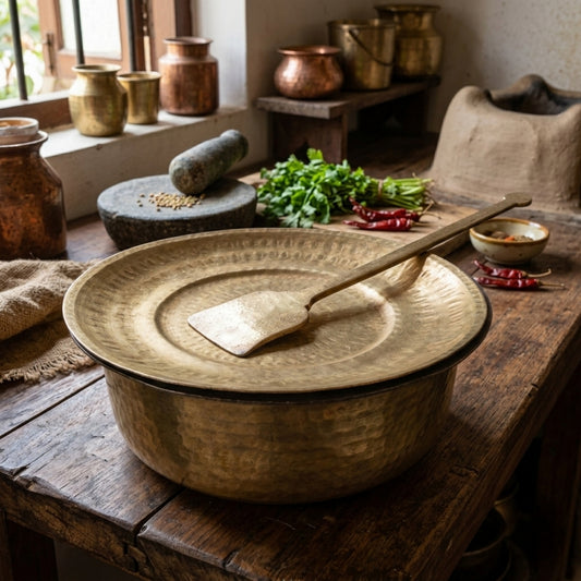Antique Peetal Biryani Lagan Rice Cooking Bowl | Pure Brass Traditional Cookware | Made in 1970 - Bombay Antiques
