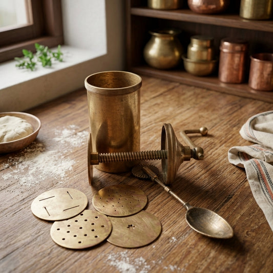 Antique Peetal Chakli Maker with Dough Cutter | Pure Brass Traditional Kitchen Tool | Handcrafted Made in 1980 - Bombay Antiques