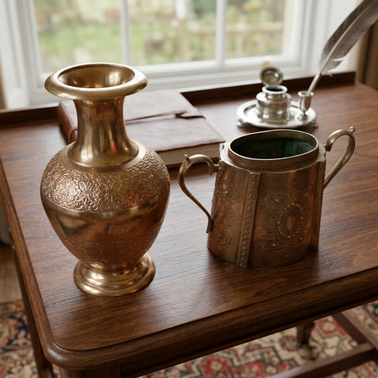Antique Peetal Planter and Vase Pair | Pure Brass Decorative Vessels | Made in the 1980