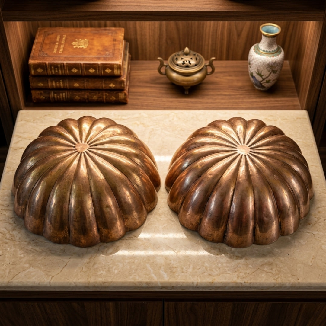 Antique Peetal Floral Exterior Bowl Pair | Pure Brass Decorative Bowls | Made in 1976