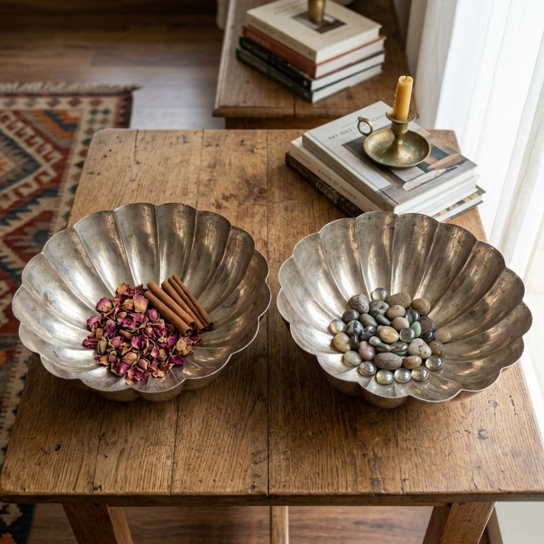 Antique Peetal Floral Exterior Bowl Pair | Pure Brass Decorative Bowls | Made in 1976