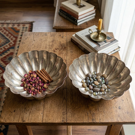 Antique Peetal Floral Exterior Bowl Pair | Pure Brass Decorative Bowls | Made in 1976
