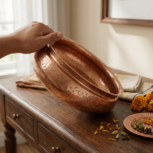 Antique Peetal Engraved Urli | Pure Brass Decorative Bowl | Made in 1966 - Bombay Antiques