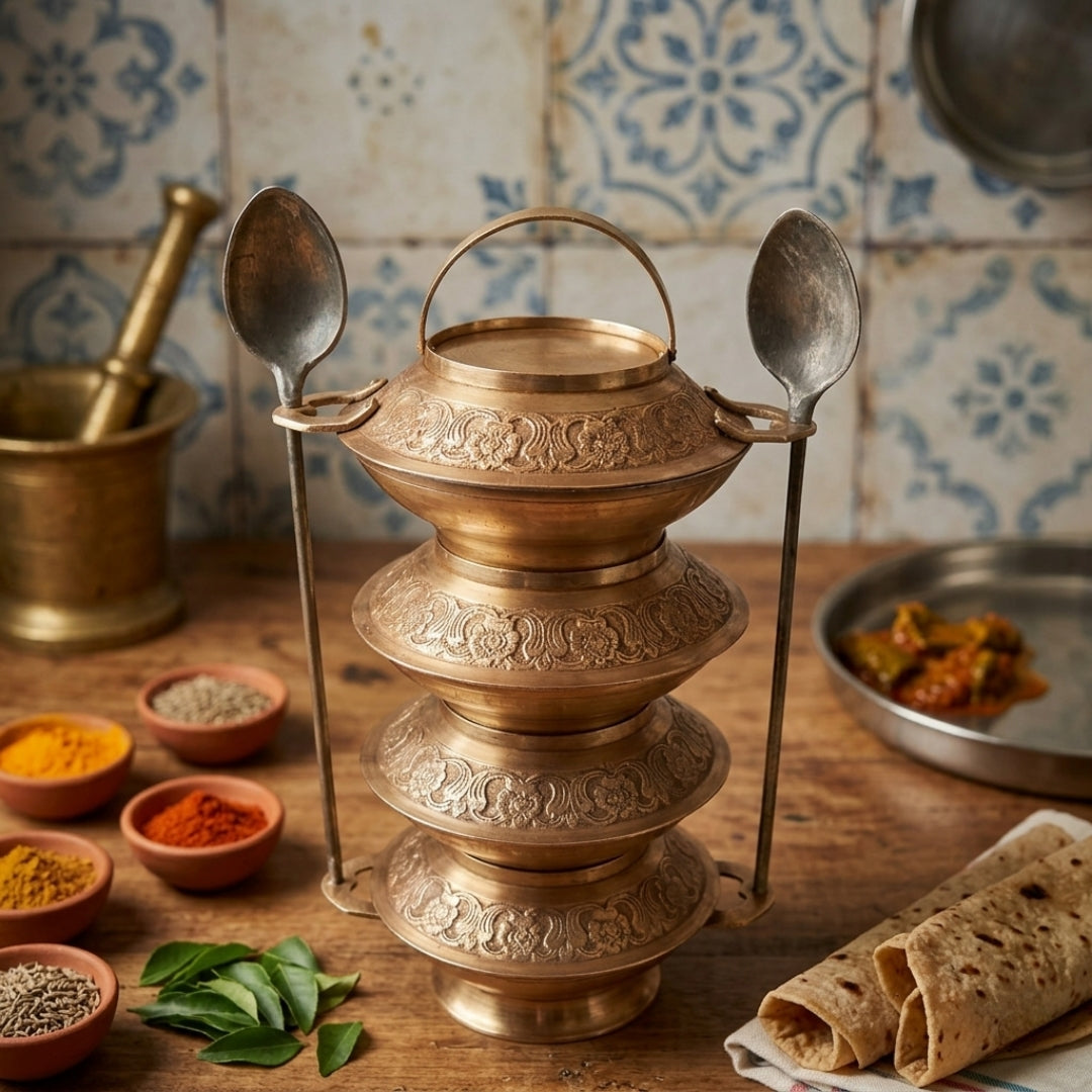 Antique Peetal Engraved Tiffin Carrier | Pure Brass Decorative Storage Container | Made in 1975